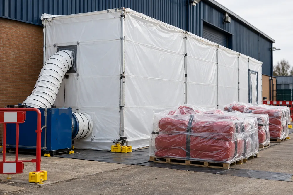 Sealed work enclosure and packaged waste at an industrial building