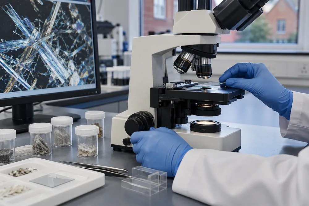Microscope and sealed sample containers at an analytical laboratory bench